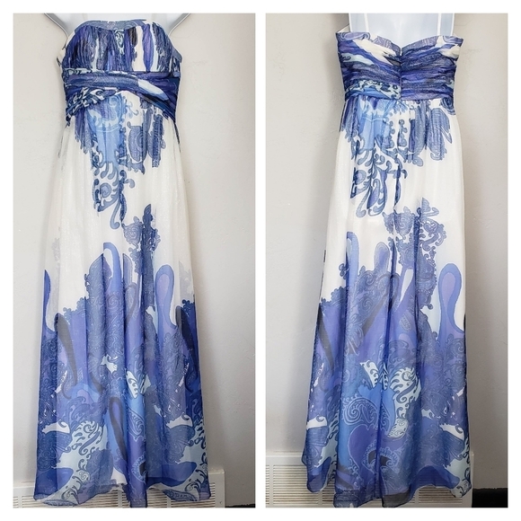 Aidan Mattox Women's 8 Paisley Maxi Dress Silk Blend Blue White Purple Formal - Picture 1 of 10